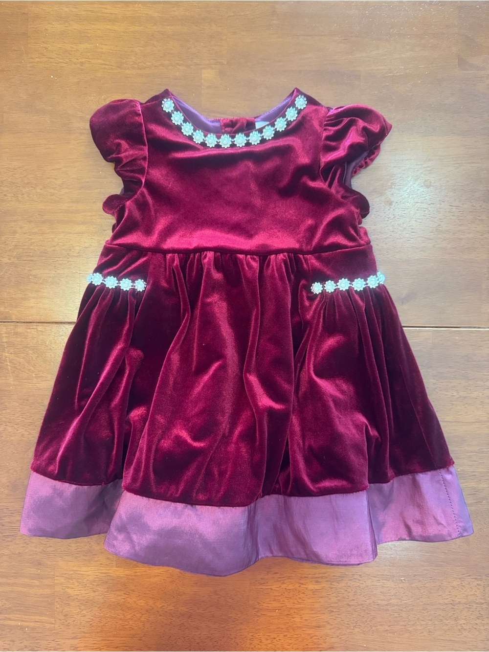 Rare Editions Velvet Burgundy Girls Dress with Floral Trim 24M